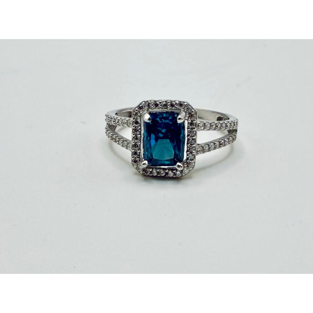 Radiant Dark Blue Gem Halo Ring 925 Sterling Silver | See Description - Size 9